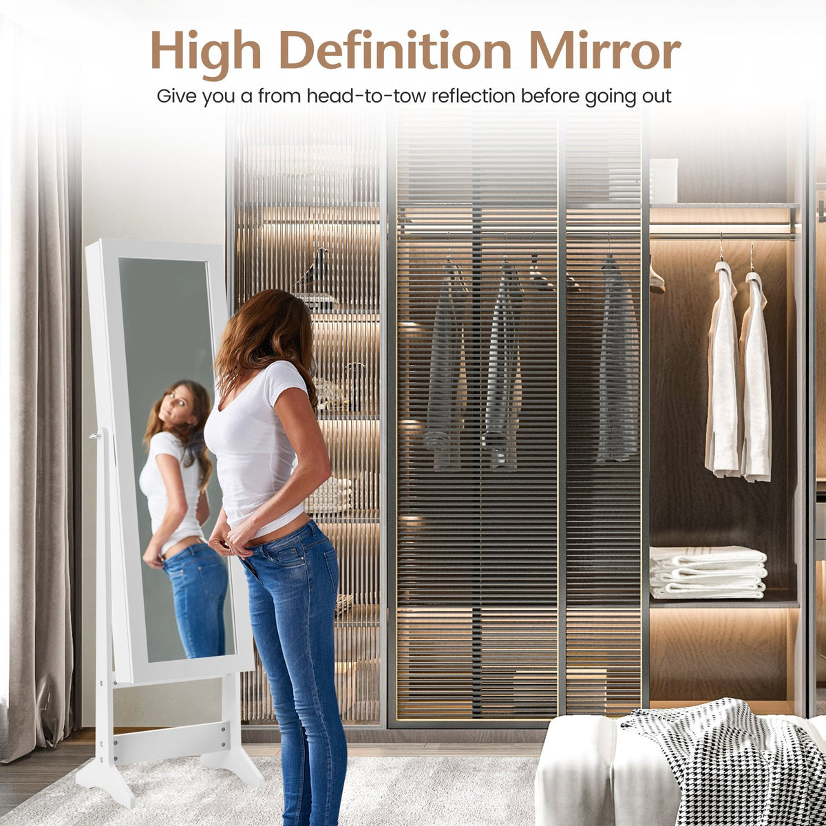 New Mirrored Jewelry Cabinet Armoire Mirror Organizer Storage Box Ring w/ Stand-White view 4
