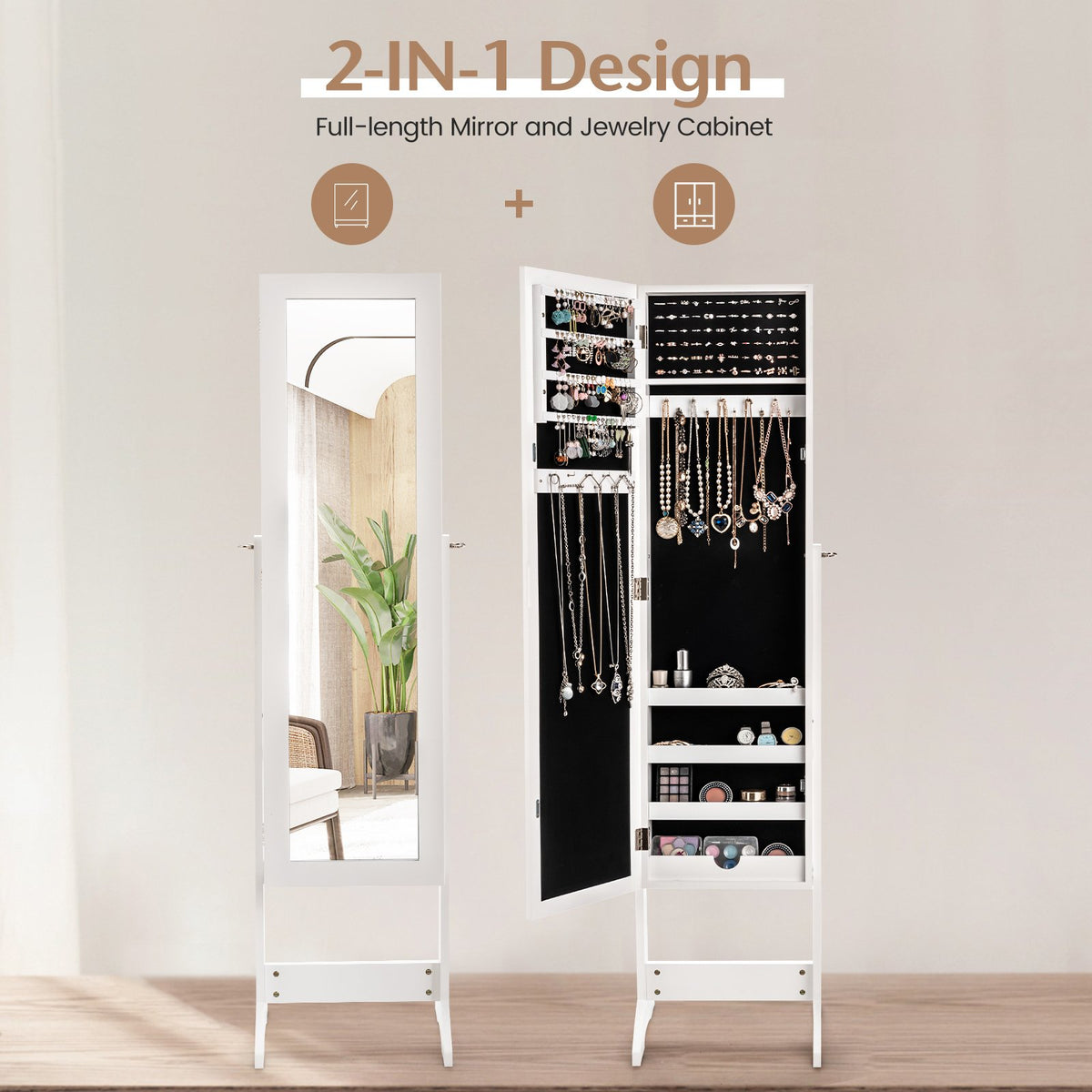 New Mirrored Jewelry Cabinet Armoire Mirror Organizer Storage Box Ring w/ Stand-White view 5