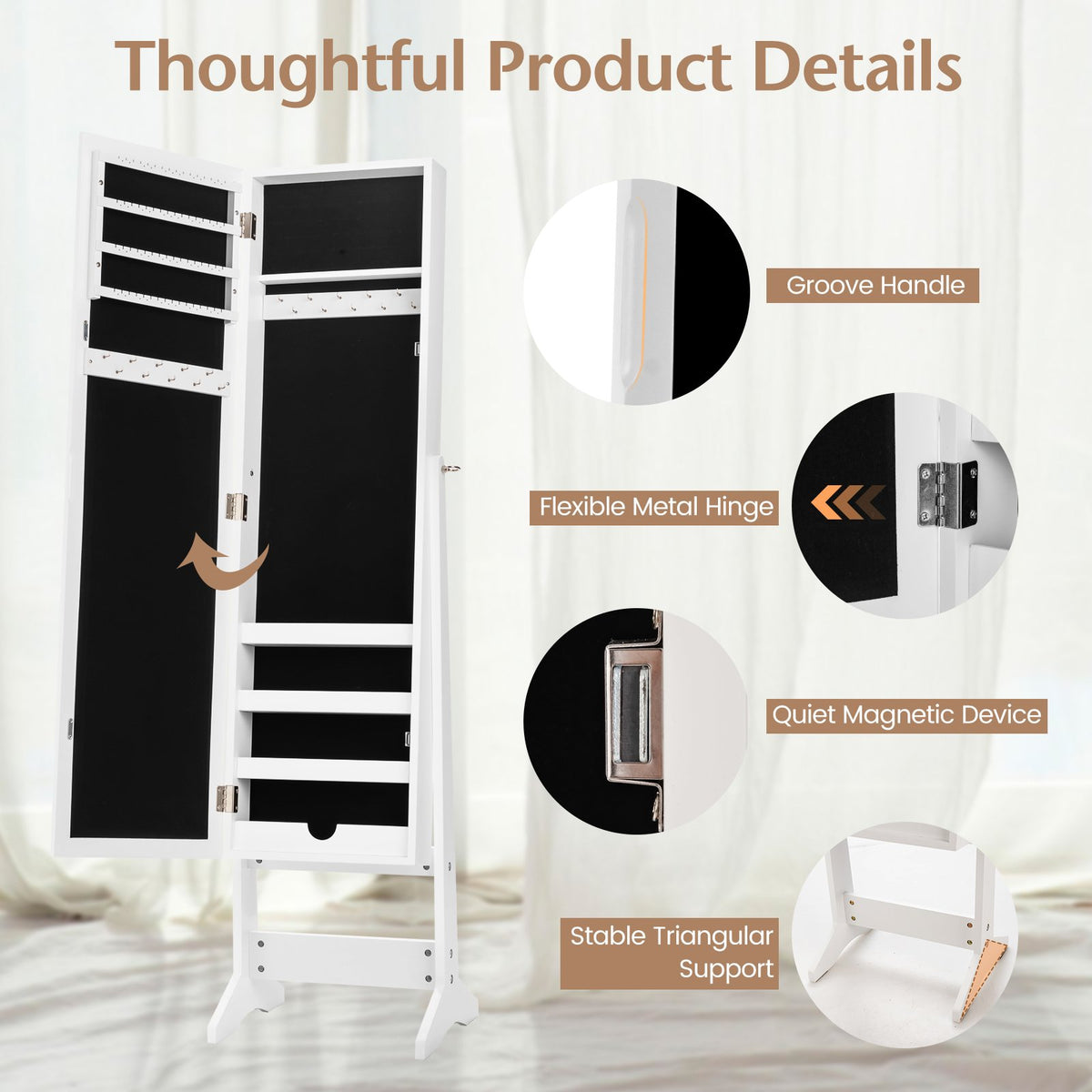 New Mirrored Jewelry Cabinet Armoire Mirror Organizer Storage Box Ring w/ Stand-White view 6