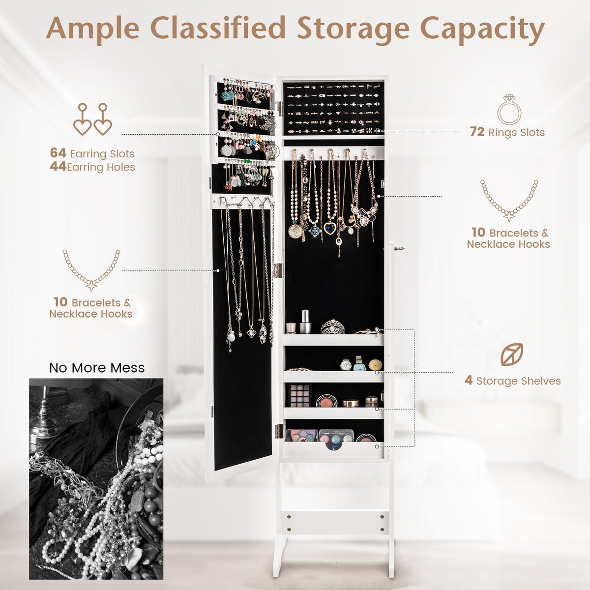 New Mirrored Jewelry Cabinet Armoire Mirror Organizer Storage Box Ring w/ Stand-White view 8