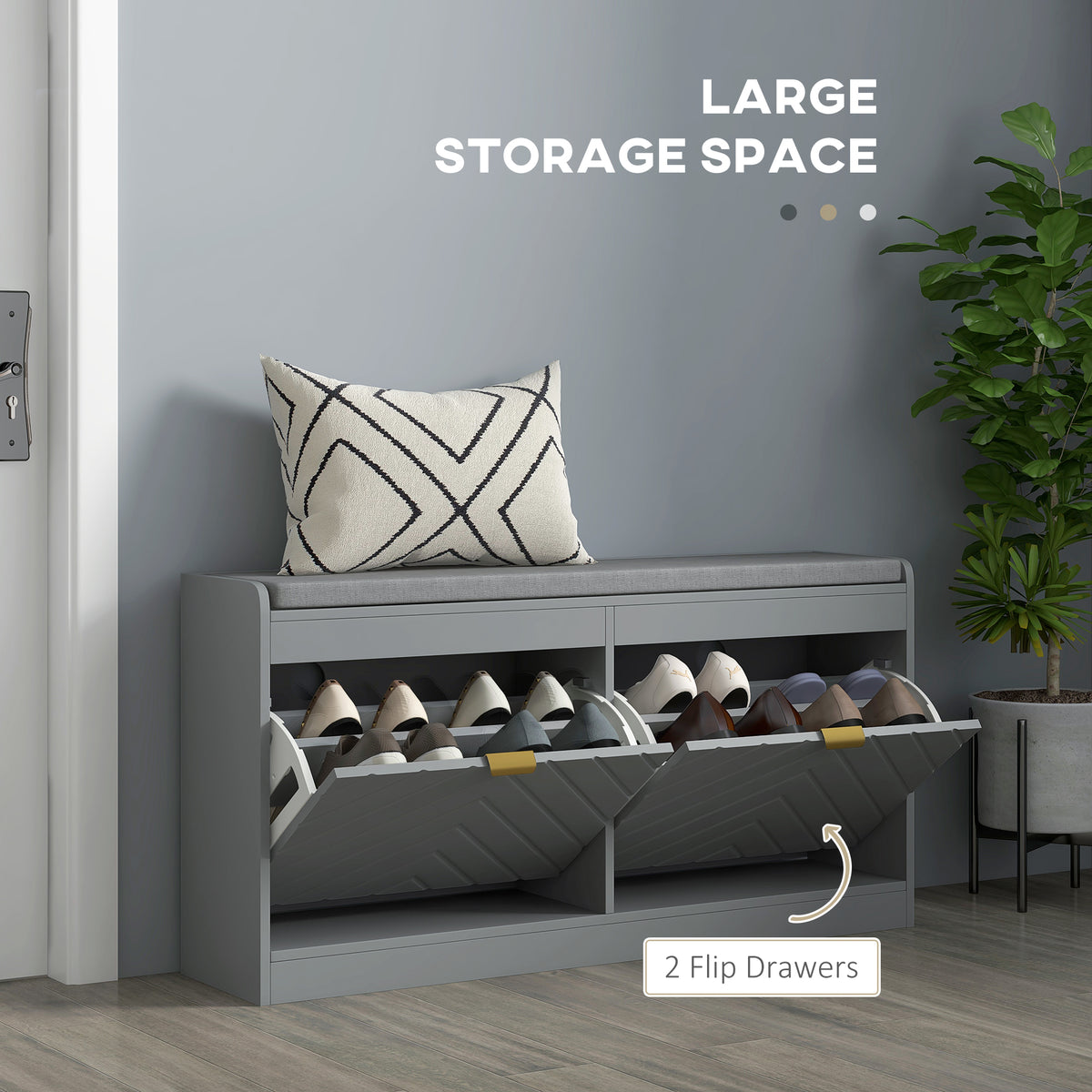 Shoe Storage with Seat, Upholstered Hallway Bench, Shoe Bench with 2 Flip Drawers and 4 Vents for 8 Pairs of Shoes