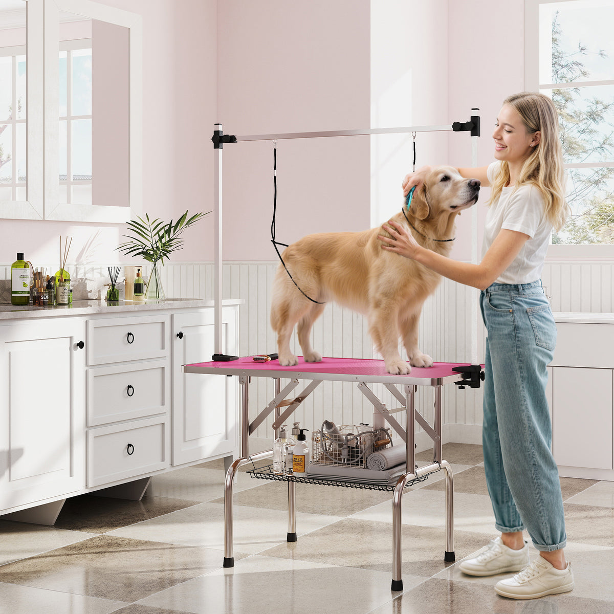 Adjustable Dog Grooming Table with 2 Safety Slings, Storage Basket, Black – view 28