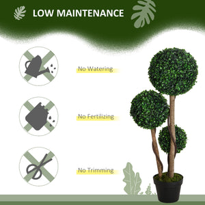 35 Inch Potted Fake Plant, Artificial Boxwood Topiary Tree, Triple Ball Tree for Indoor and Outdoor, Dark Green