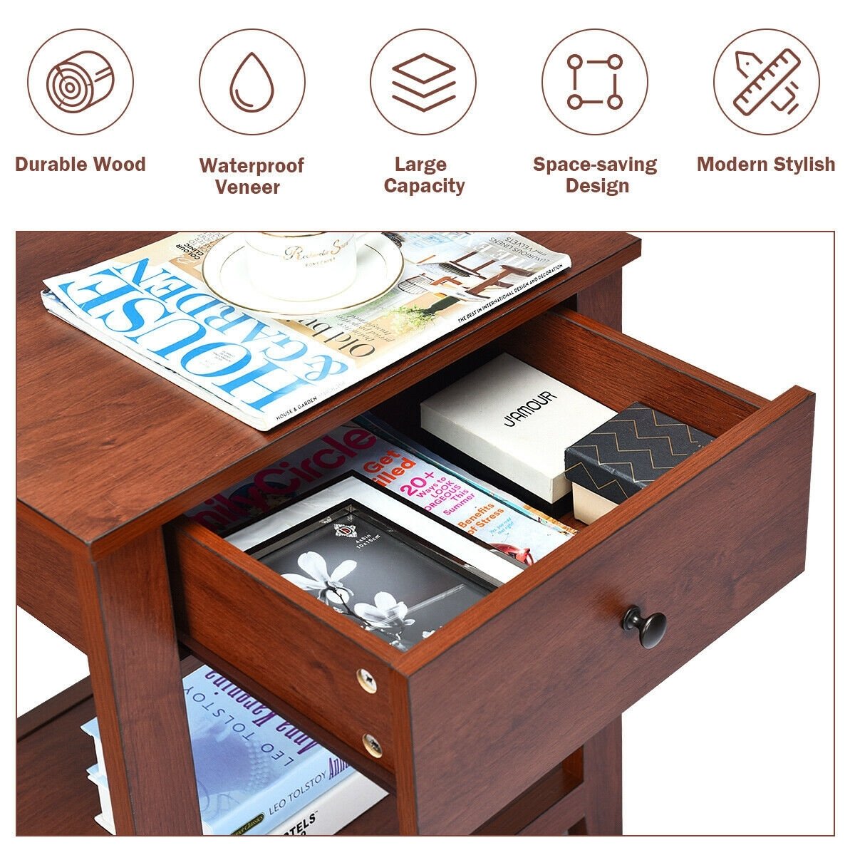 Night Stand End Side Table with Drawer and Storage Shelf view 5