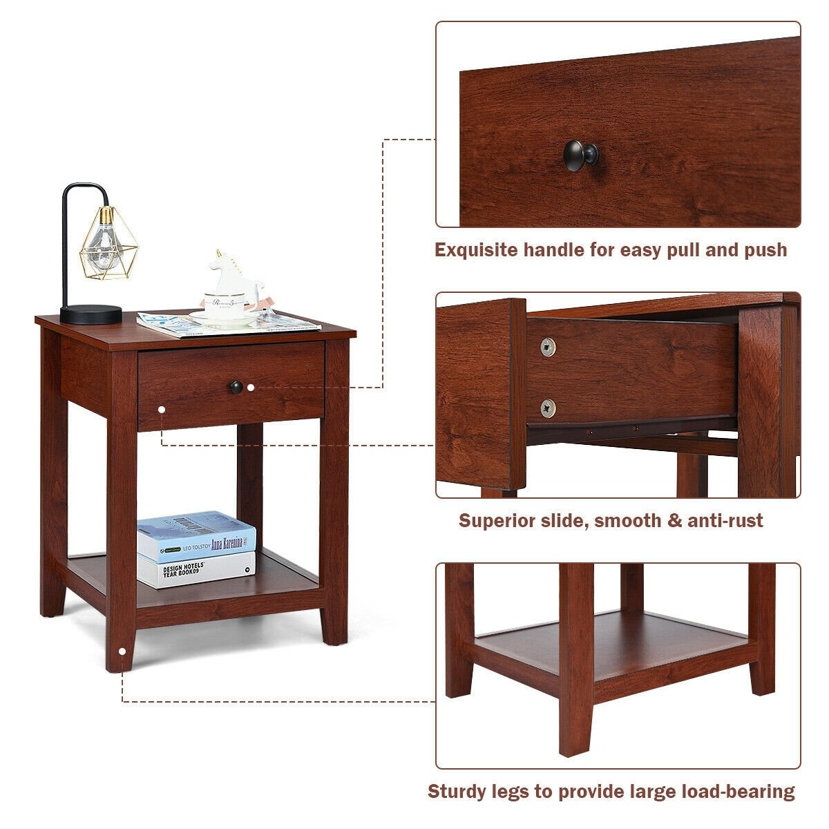 Night Stand End Side Table with Drawer and Storage Shelf view 6