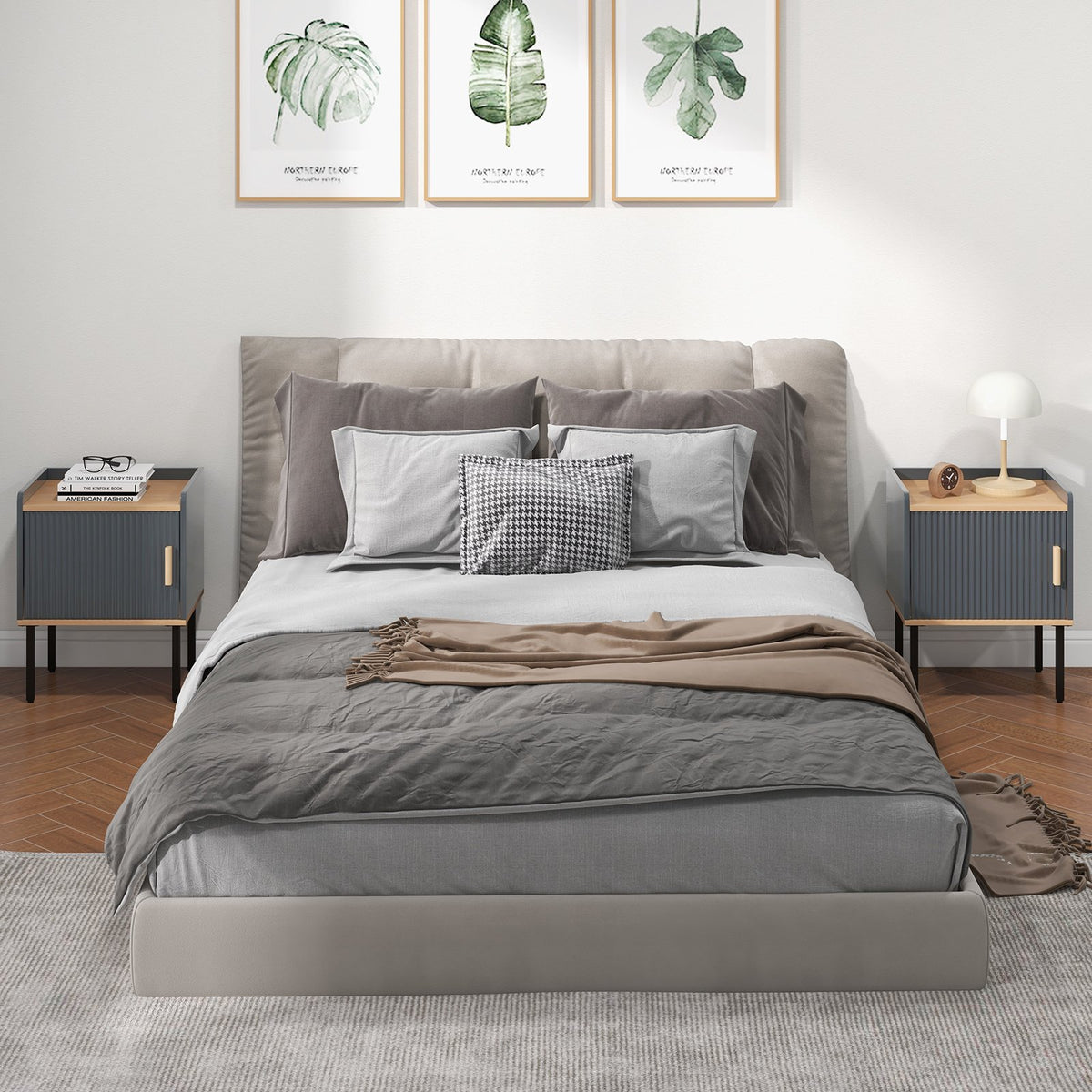 Nightstand Bedside End Table with Door Cabinet for Living Room Bedroom-Gray view 2