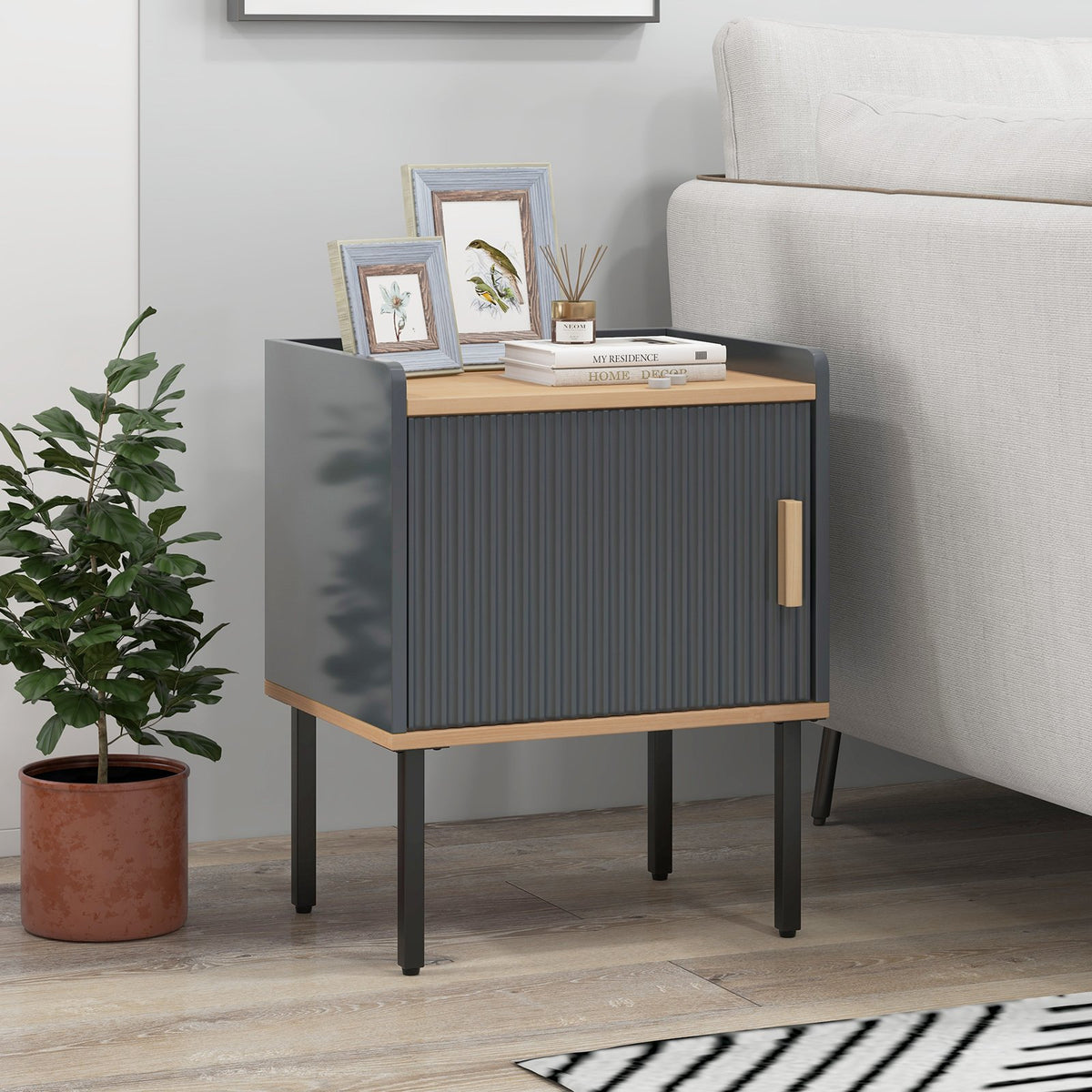 Nightstand Bedside End Table with Door Cabinet for Living Room Bedroom-Gray view 3