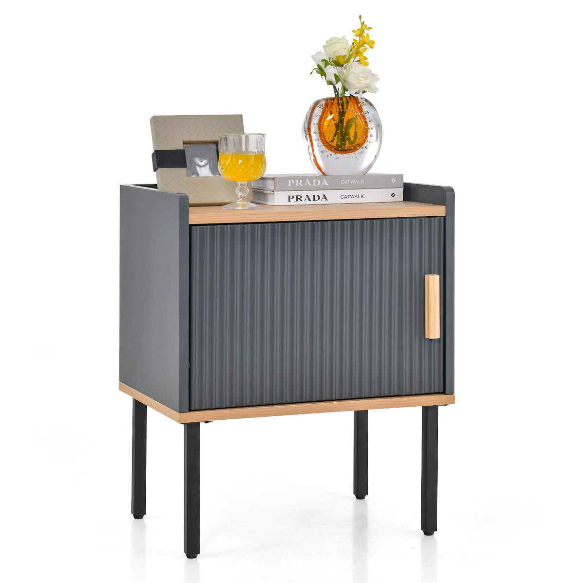 Nightstand Bedside End Table with Door Cabinet for Living Room Bedroom-Gray view 7