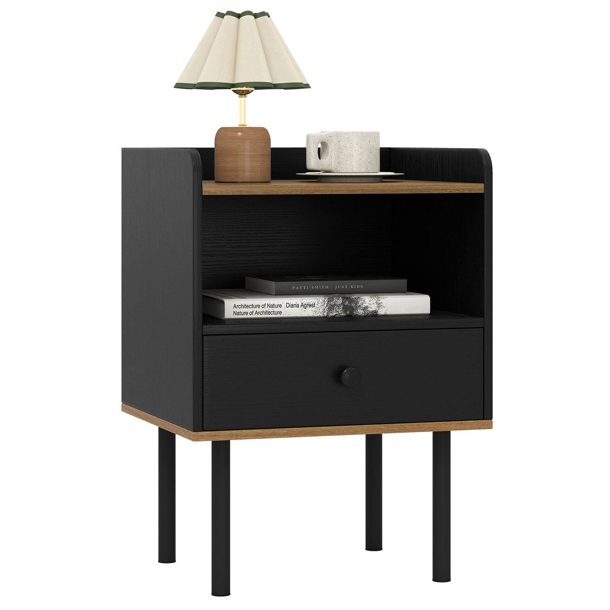 Nightstand Bedside End Table with Drawer and Open Shelf for Living Room Bedroom-1 Piece