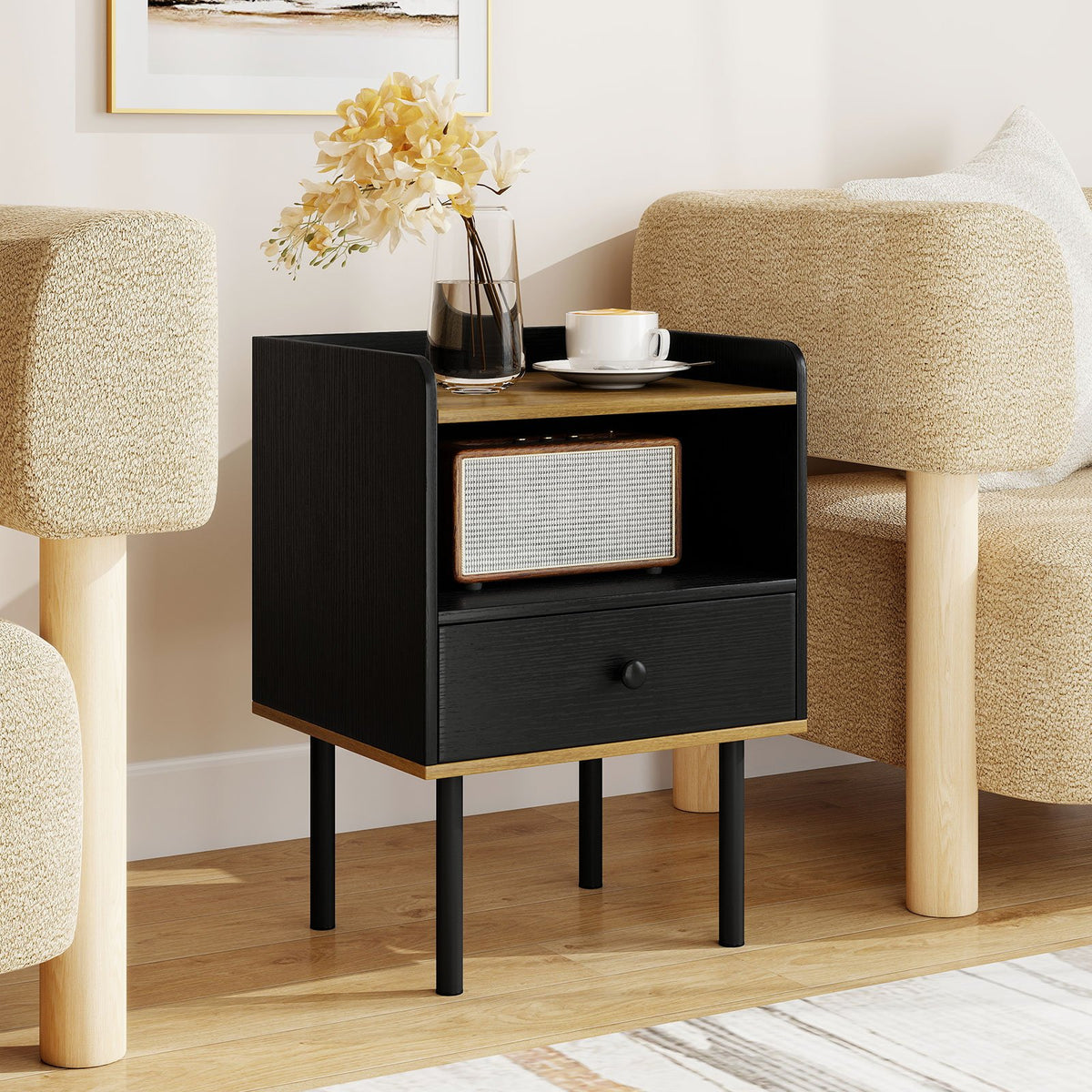 Nightstand Bedside End Table with Drawer and Open Shelf for Living Room Bedroom-1 Piece view 2