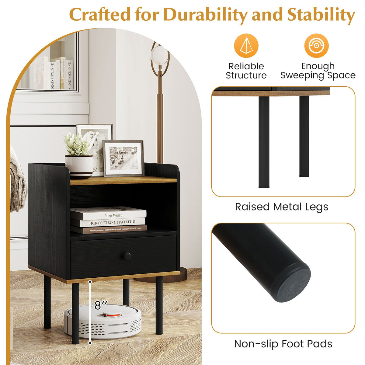 Nightstand Bedside End Table with Drawer and Open Shelf for Living Room Bedroom-1 Piece view 8