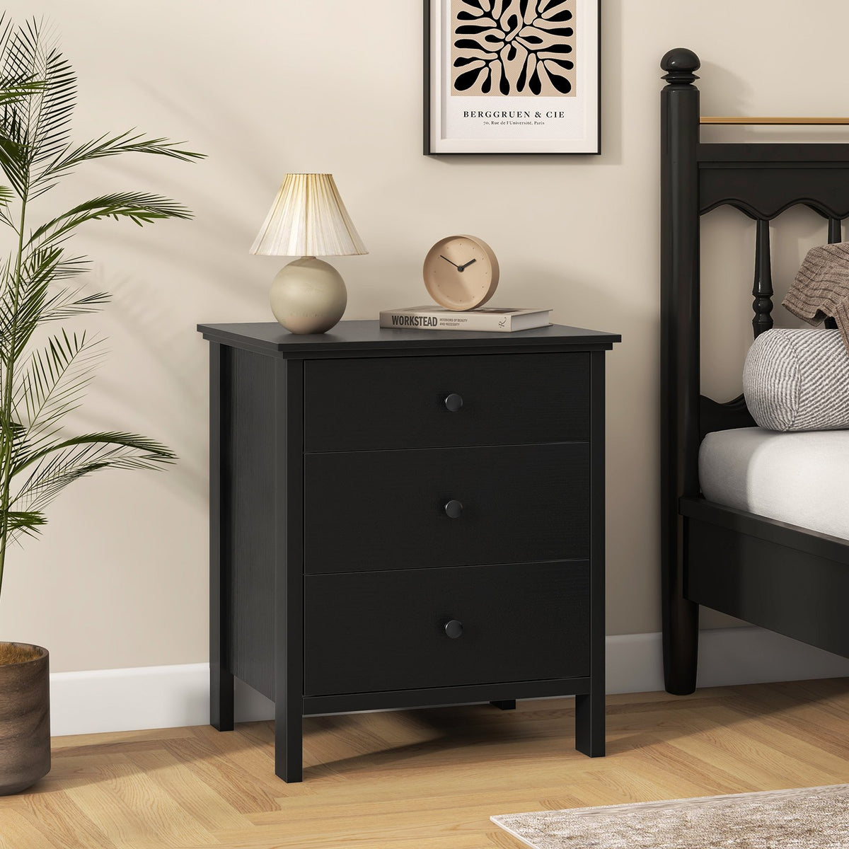 3-Drawer Wooden Nightstand Modern Bedside Table-Black view 2