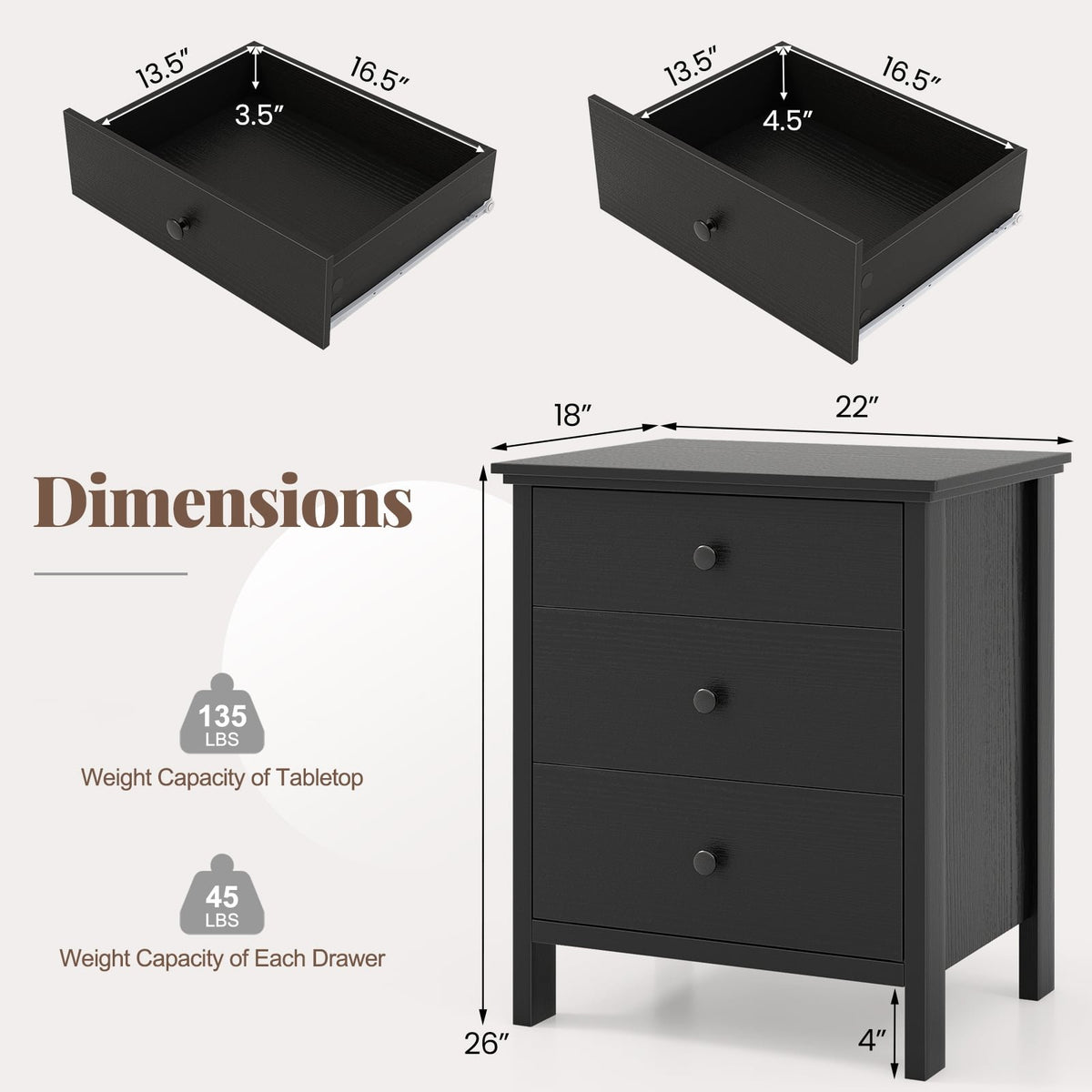 3-Drawer Wooden Nightstand Modern Bedside Table-Black view 5