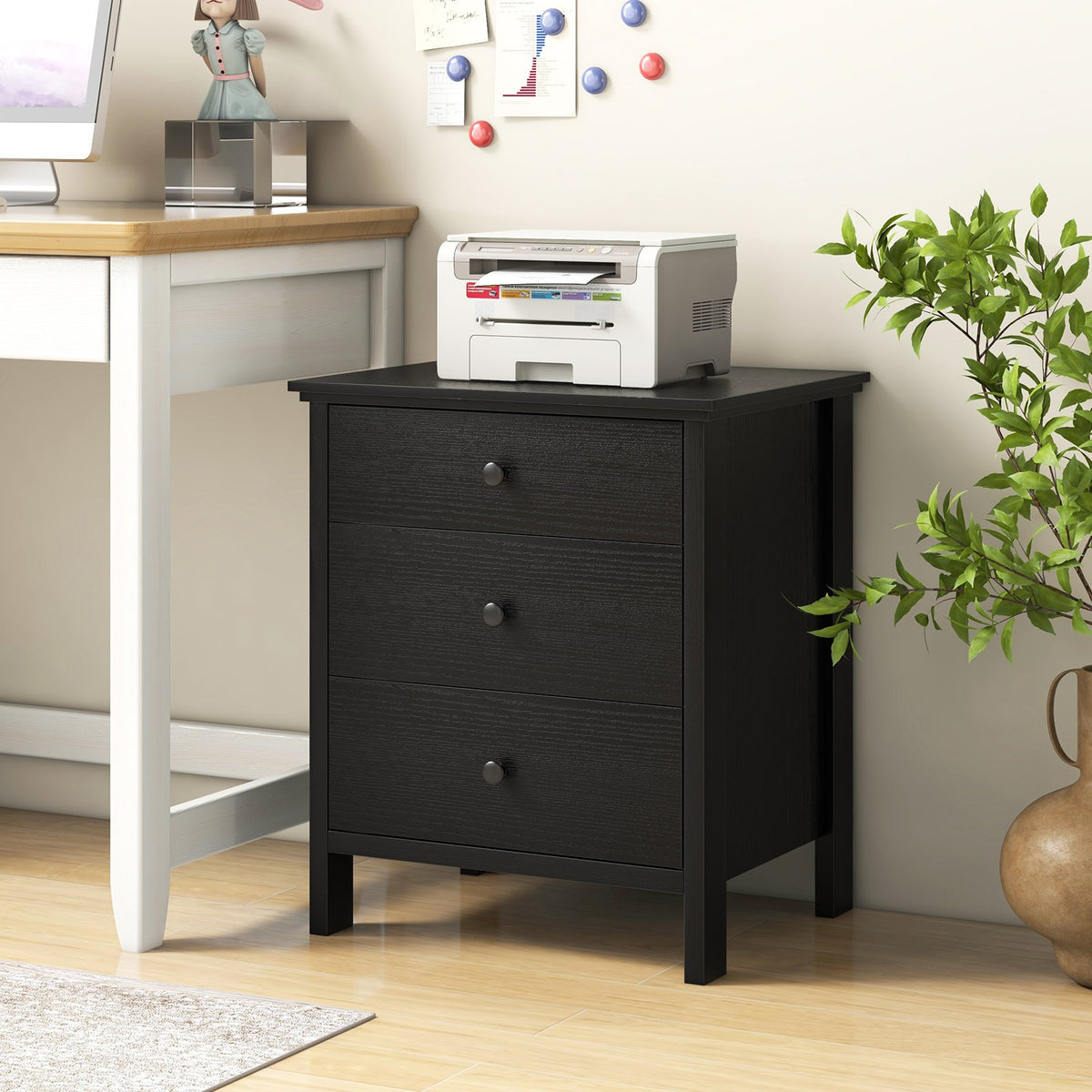 3-Drawer Wooden Nightstand Modern Bedside Table-Black view 6