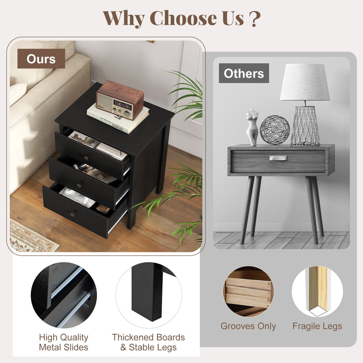3-Drawer Wooden Nightstand Modern Bedside Table-Black view 9