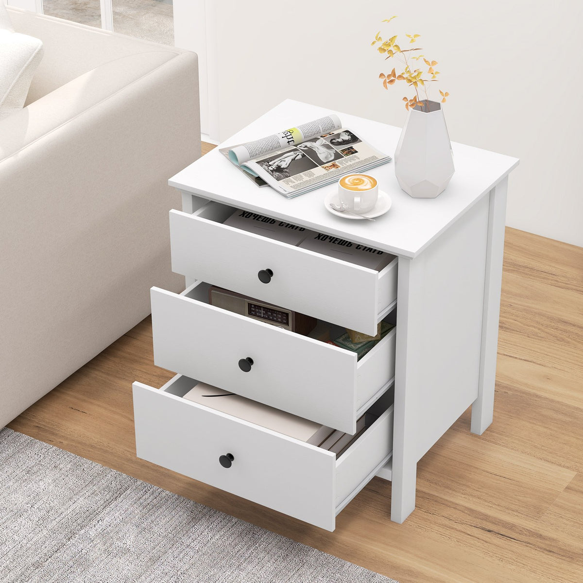 3-Drawer Wooden Nightstand Modern Bedside Table-White view 3