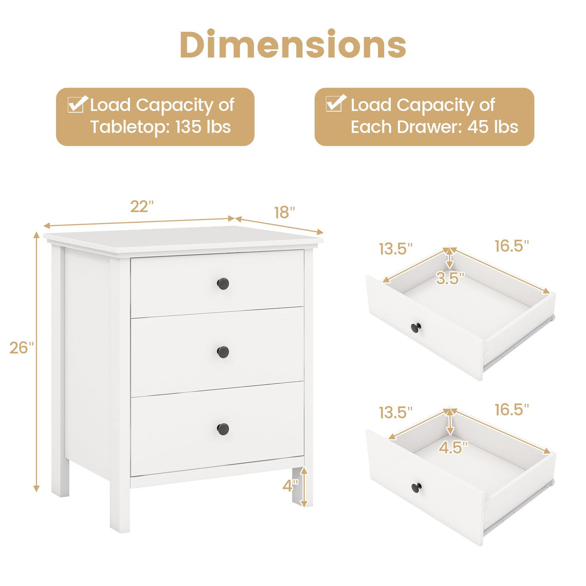 3-Drawer Wooden Nightstand Modern Bedside Table-White view 5