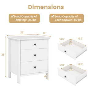 3-Drawer Wooden Nightstand Modern Bedside Table-White view 5