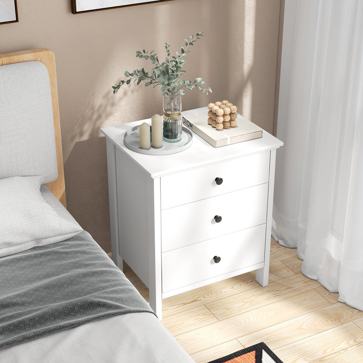 3-Drawer Wooden Nightstand Modern Bedside Table-White view 7