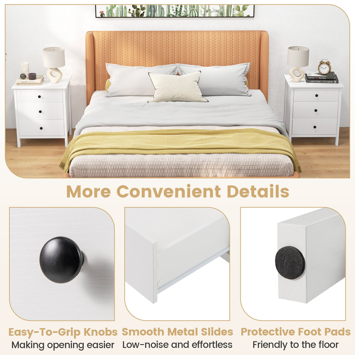 3-Drawer Wooden Nightstand Modern Bedside Table-White view 8