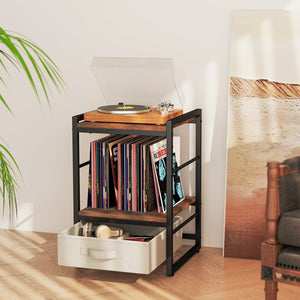Nightstand Industrial Bedside Table with Open Storage Shelf and Fabric Drawer-Rustic Brown view 2