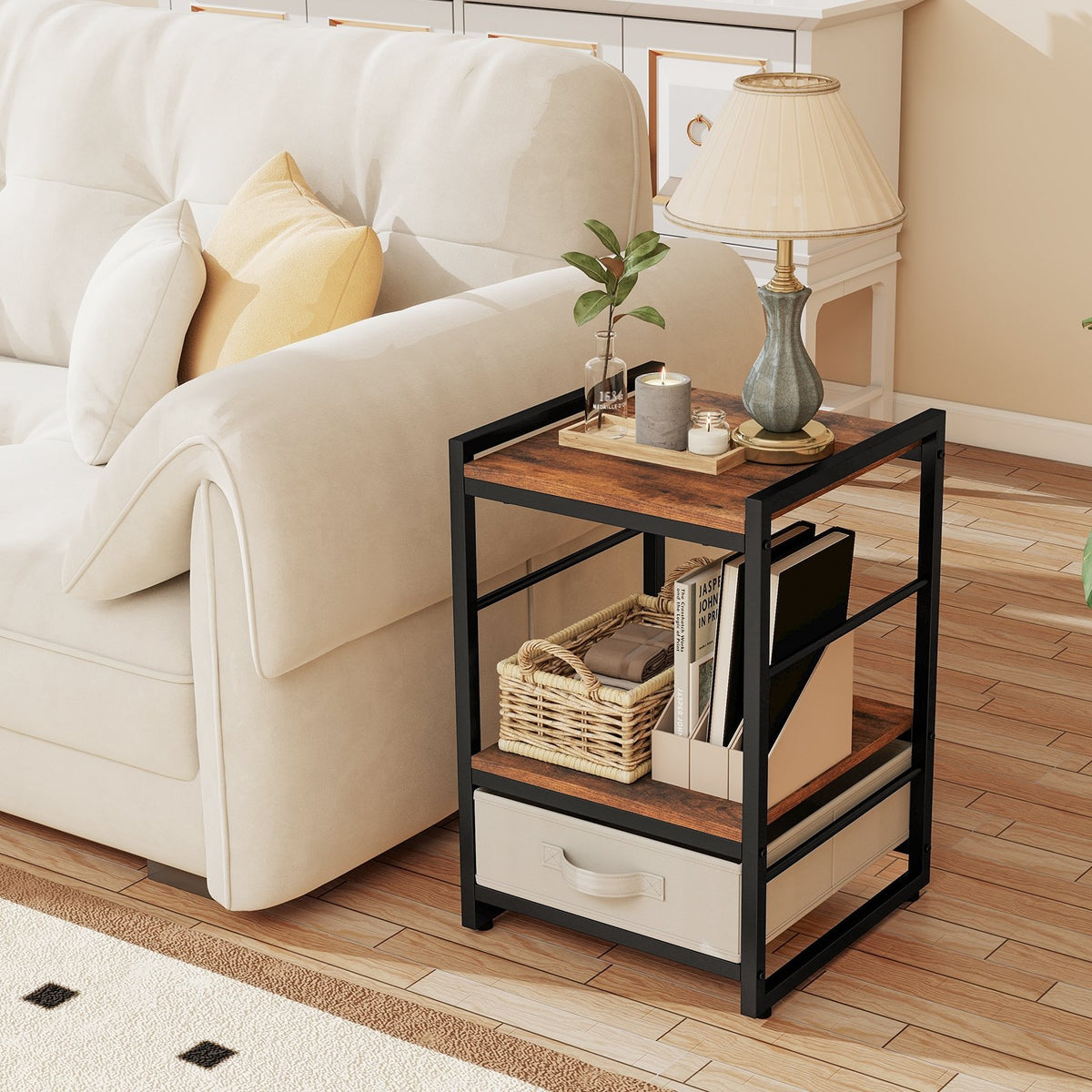 Nightstand Industrial Bedside Table with Open Storage Shelf and Fabric Drawer-Rustic Brown view 3