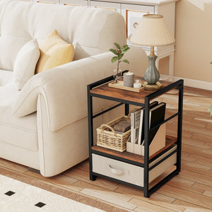 Nightstand Industrial Bedside Table with Open Storage Shelf and Fabric Drawer-Rustic Brown view 3