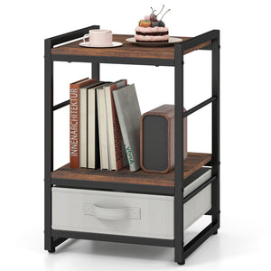 Nightstand Industrial Bedside Table with Open Storage Shelf and Fabric Drawer-Rustic Brown view 4