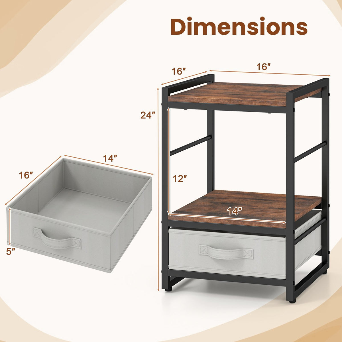 Nightstand Industrial Bedside Table with Open Storage Shelf and Fabric Drawer-Rustic Brown view 5