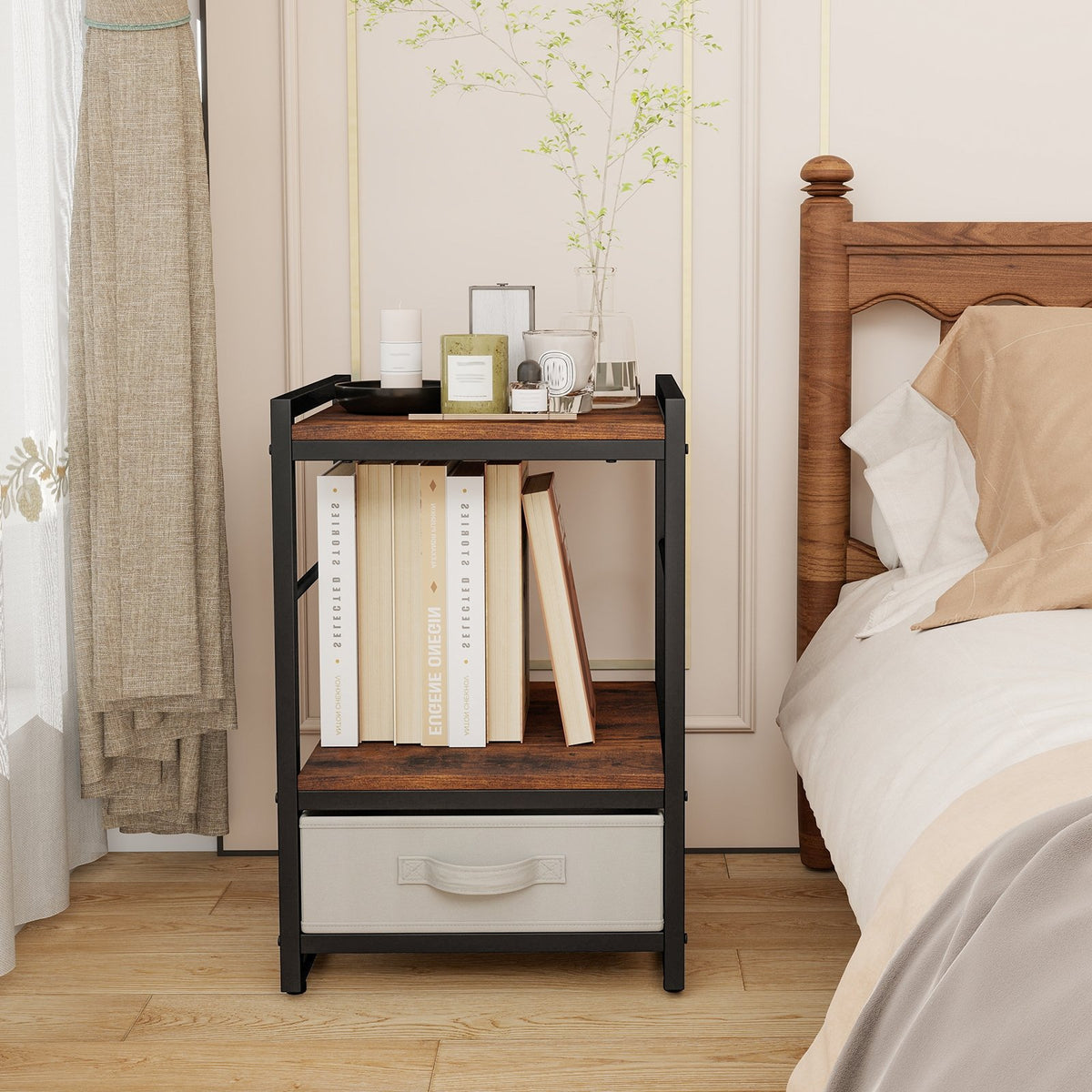Nightstand Industrial Bedside Table with Open Storage Shelf and Fabric Drawer-Rustic Brown view 7