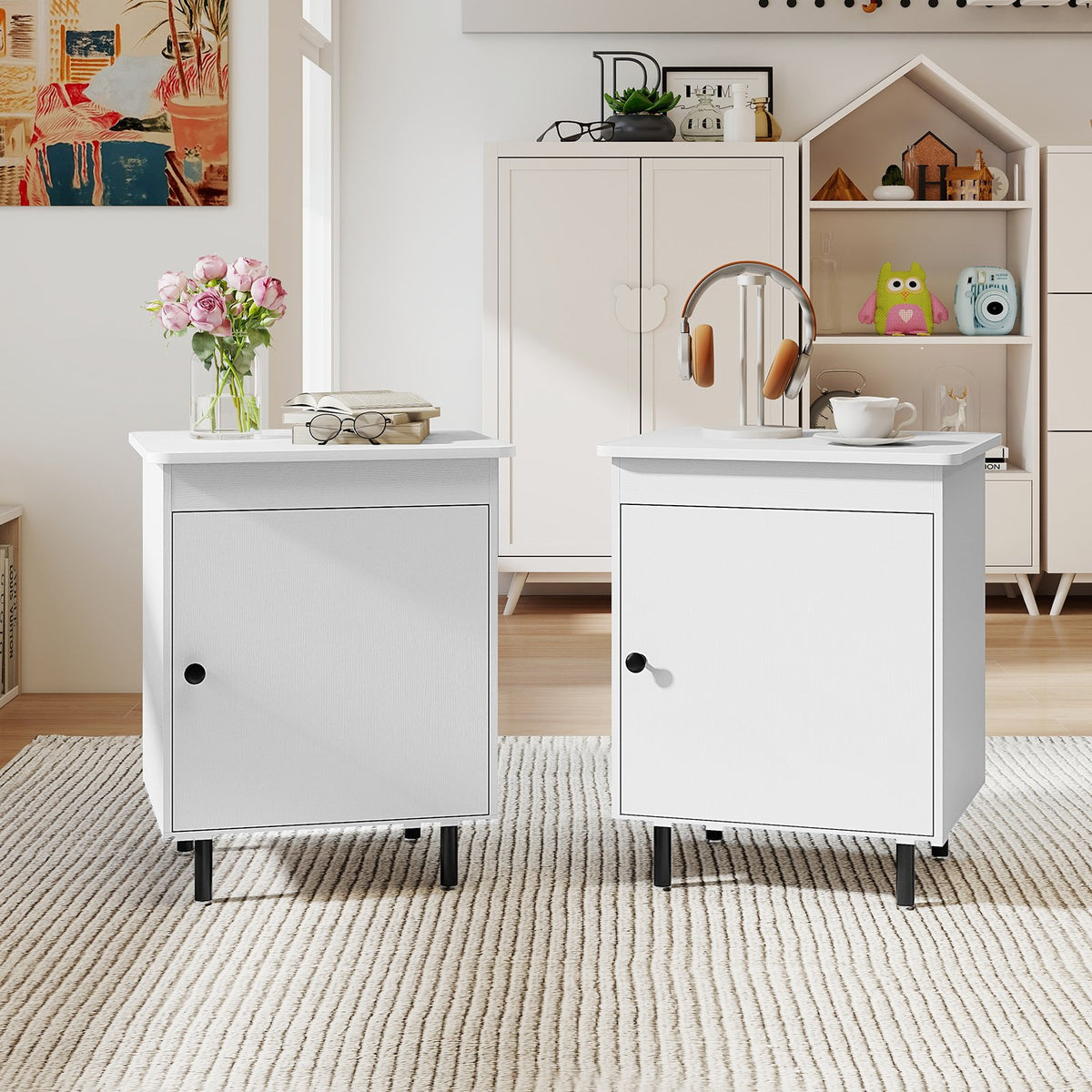 Nightstand Mid Century End Tables with Door-Set of 2 view 2
