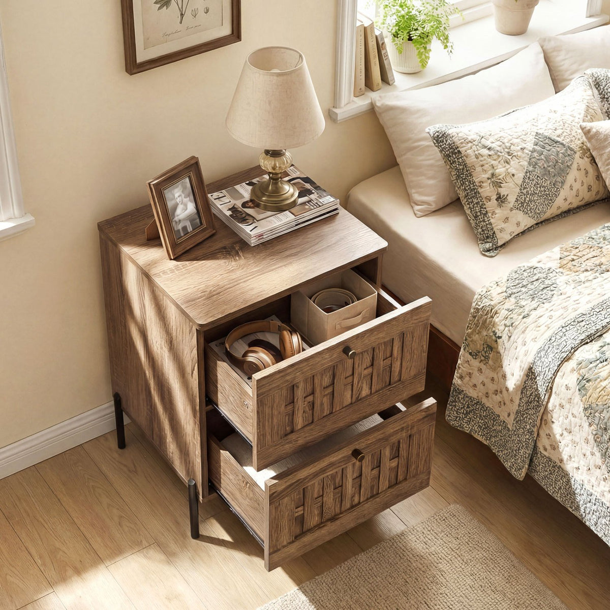Nightstand Mid Century Modern End Table with Storage Drawers-Rustic Brown view 3