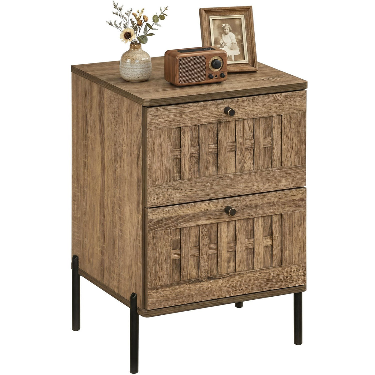 Nightstand Mid Century Modern End Table with Storage Drawers-Rustic Brown view 4