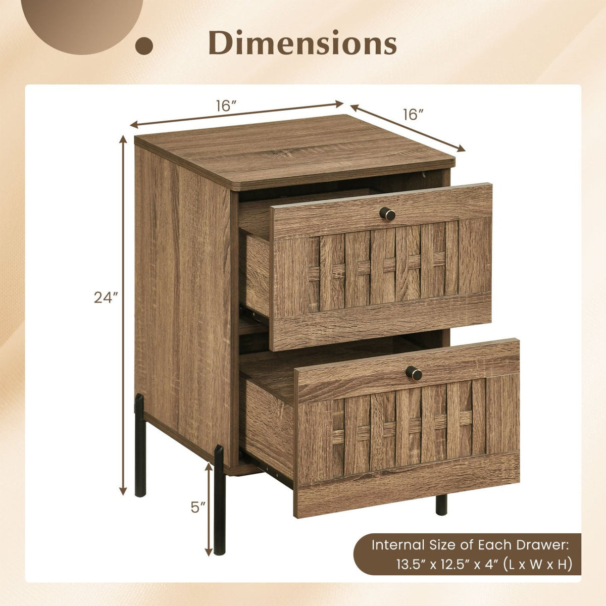 Nightstand Mid Century Modern End Table with Storage Drawers-Rustic Brown view 5