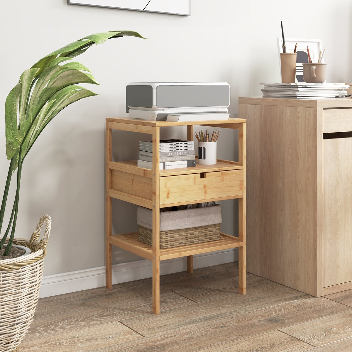 Nightstand Set of 2 Bamboo End Table with 2 Open Shelves and Drawer-Set of 2 view 2