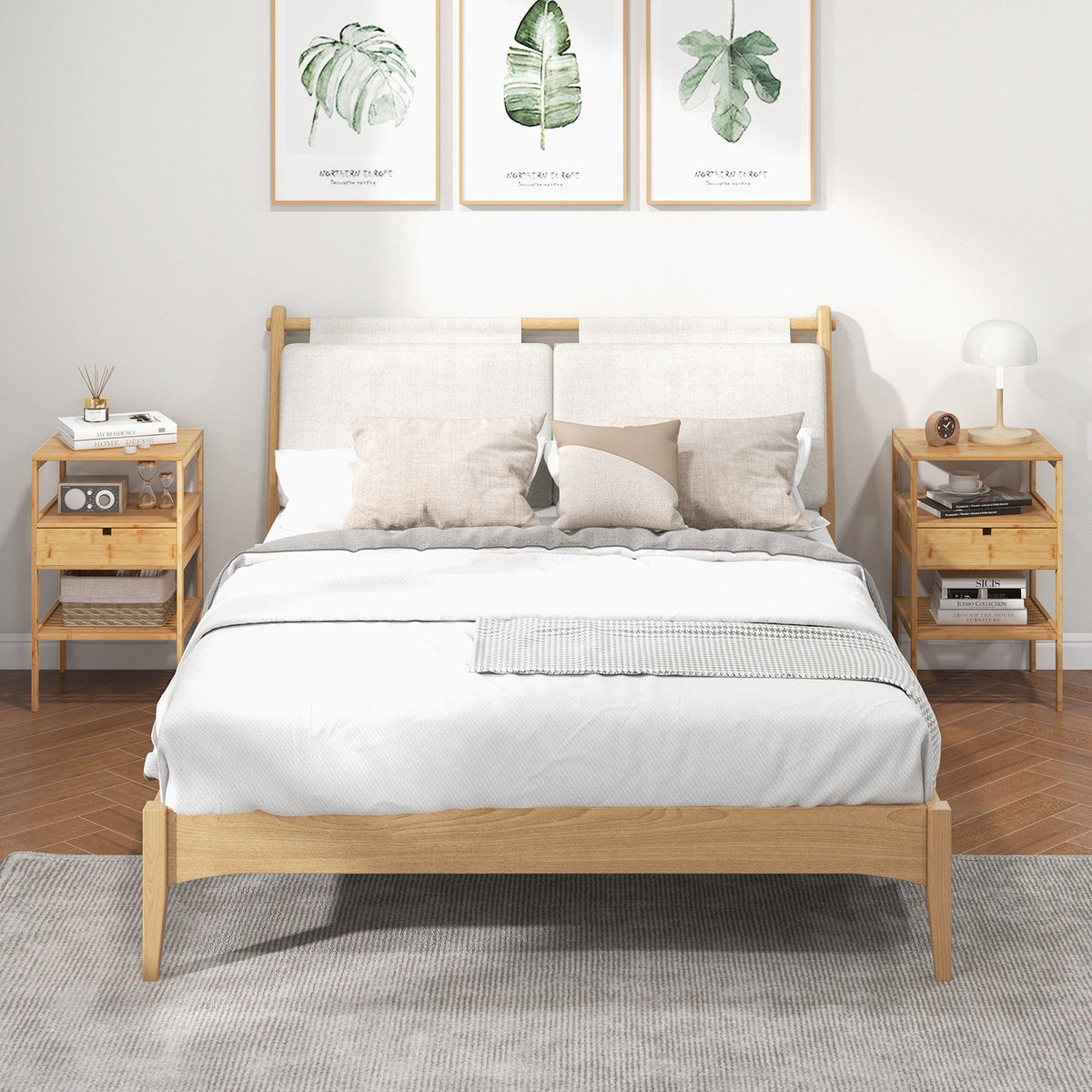 Nightstand Set of 2 Bamboo End Table with 2 Open Shelves and Drawer-Set of 2 view 3