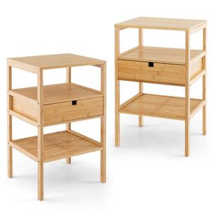 Nightstand Set of 2 Bamboo End Table with 2 Open Shelves and Drawer-Set of 2 view 4