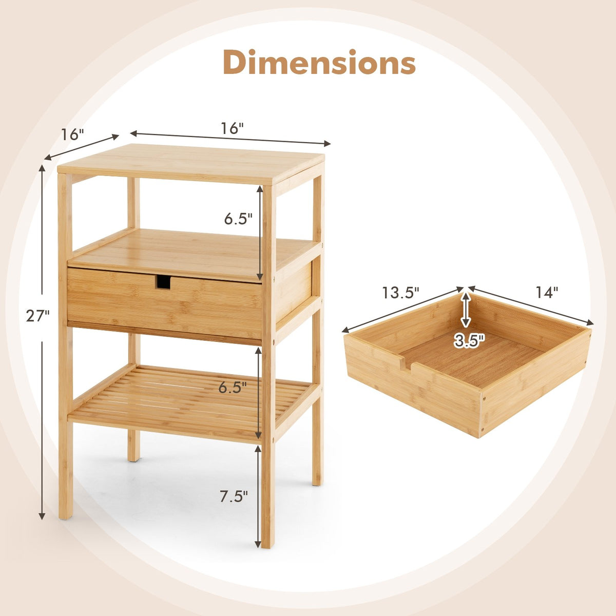 Nightstand Set of 2 Bamboo End Table with 2 Open Shelves and Drawer-Set of 2 view 5