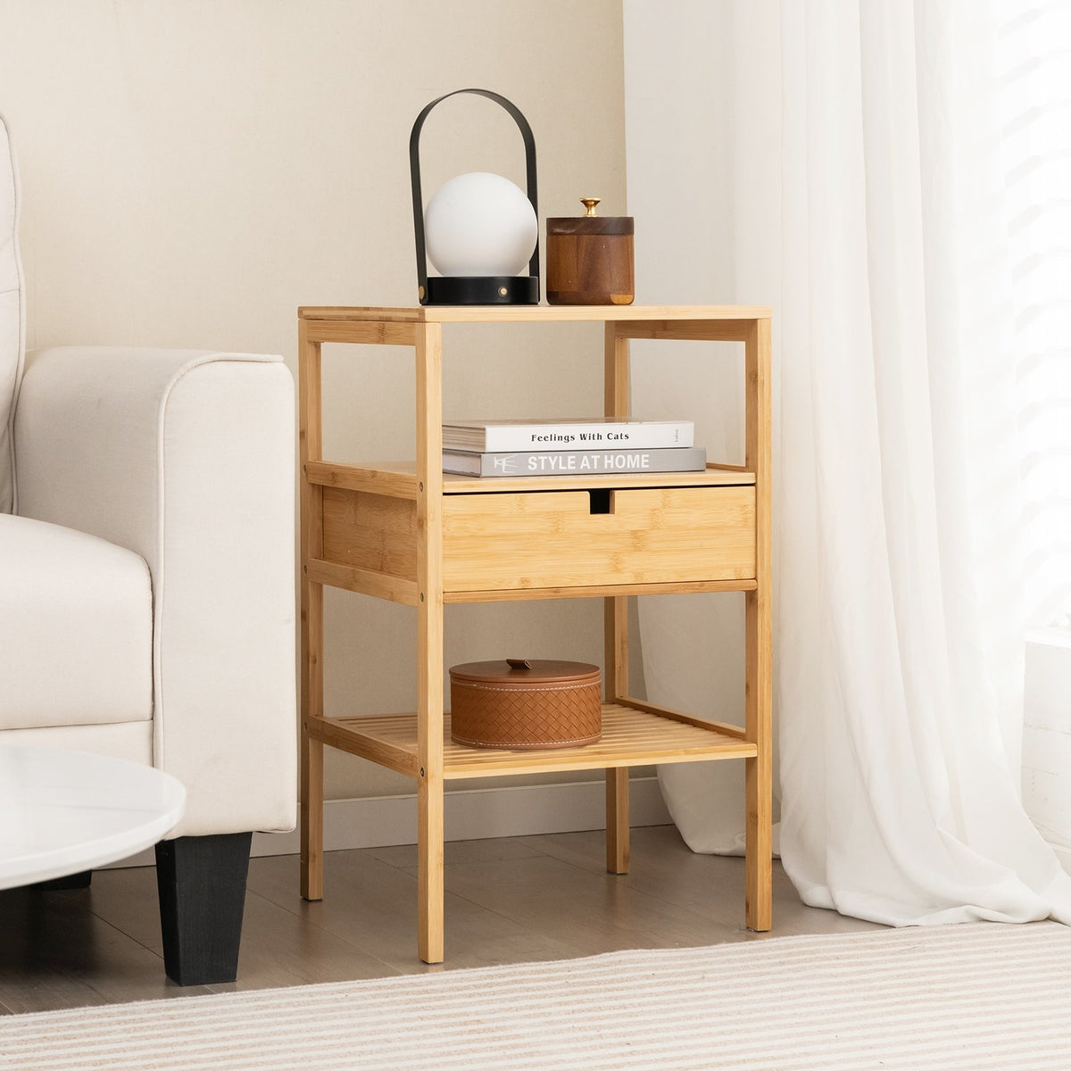 Nightstand Set of 2 Bamboo End Table with 2 Open Shelves and Drawer-Set of 2 view 6
