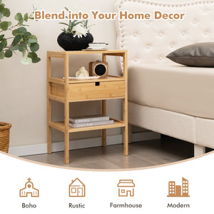Nightstand Set of 2 Bamboo End Table with 2 Open Shelves and Drawer-Set of 2 view 7