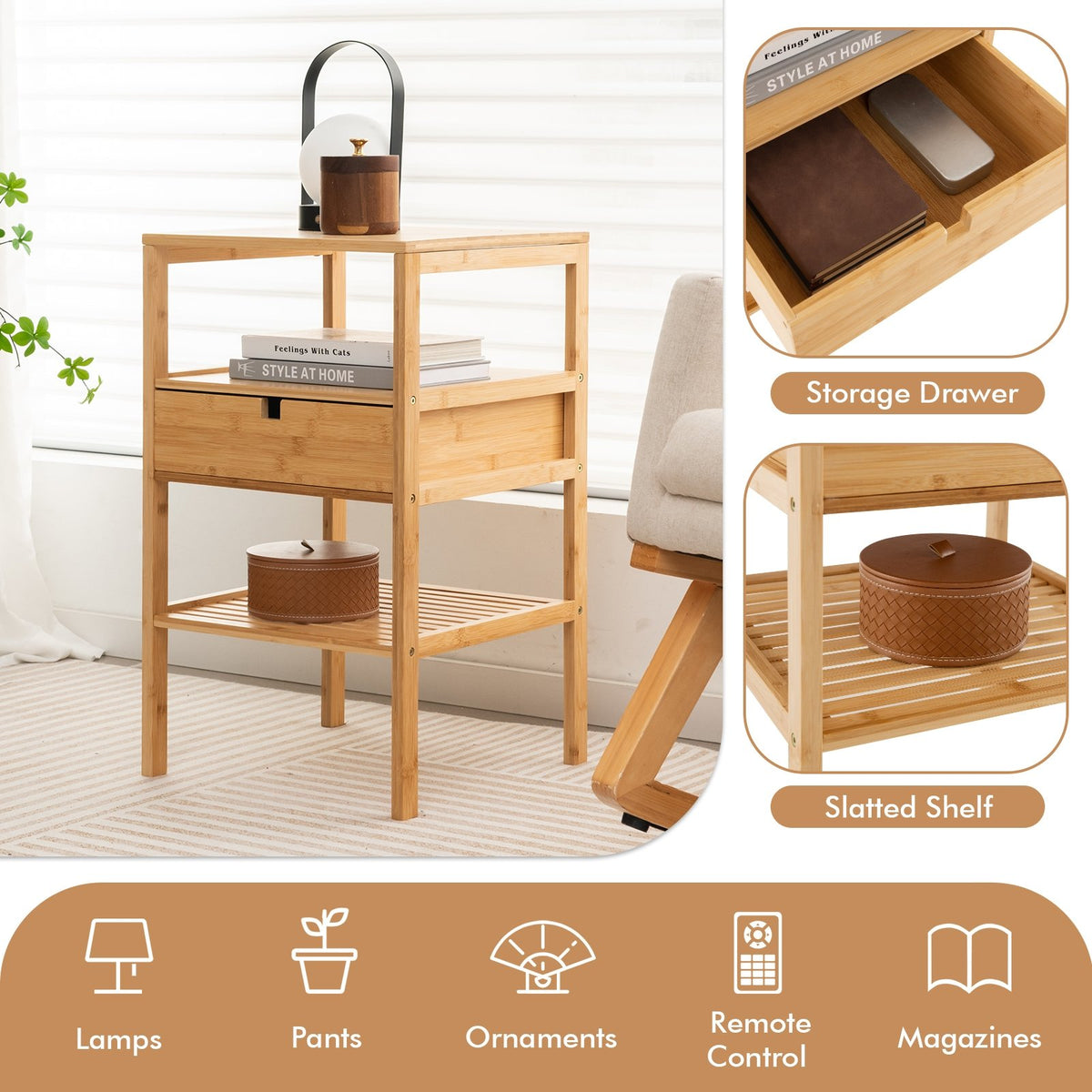 Nightstand Set of 2 Bamboo End Table with 2 Open Shelves and Drawer-Set of 2 view 9