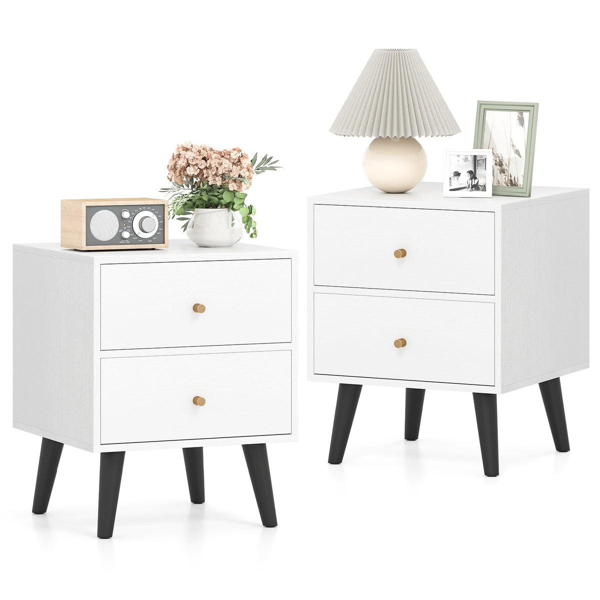 Nightstand Set of 2 Mid Century Modern Bedside Table with Golden Knobs and Raised Support Legs view 4