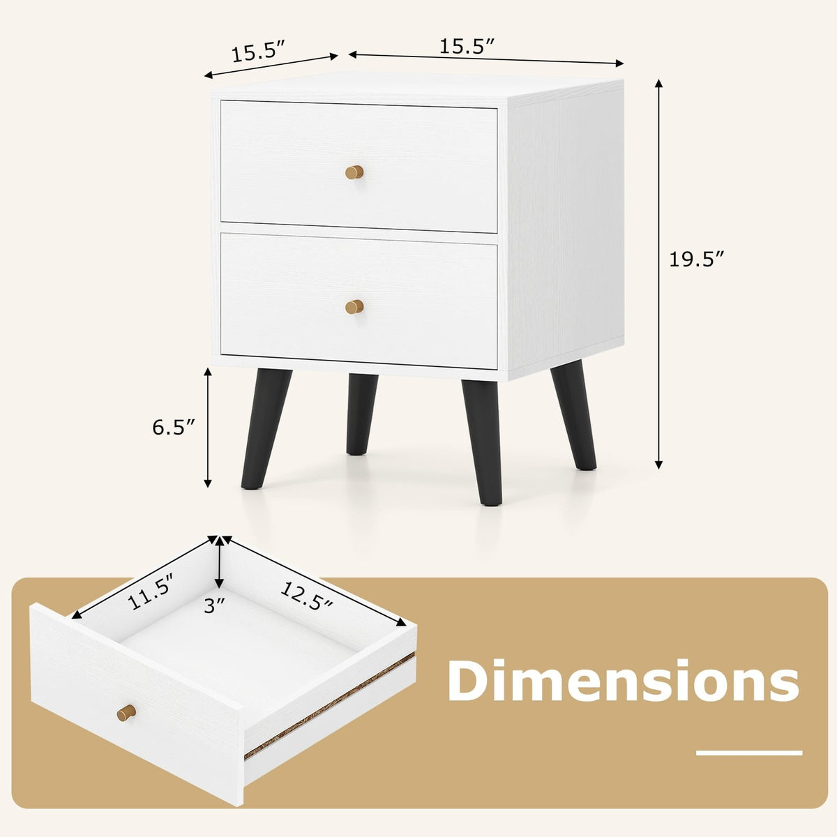 Nightstand Set of 2 Mid Century Modern Bedside Table with Golden Knobs and Raised Support Legs view 5