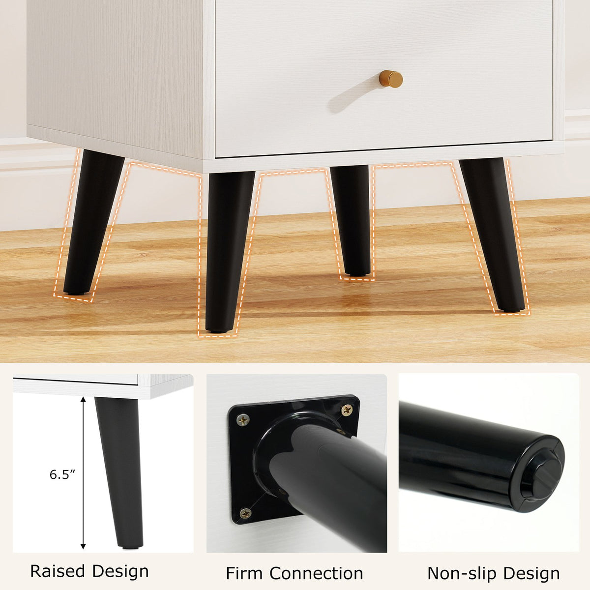 Nightstand Set of 2 Mid Century Modern Bedside Table with Golden Knobs and Raised Support Legs view 8