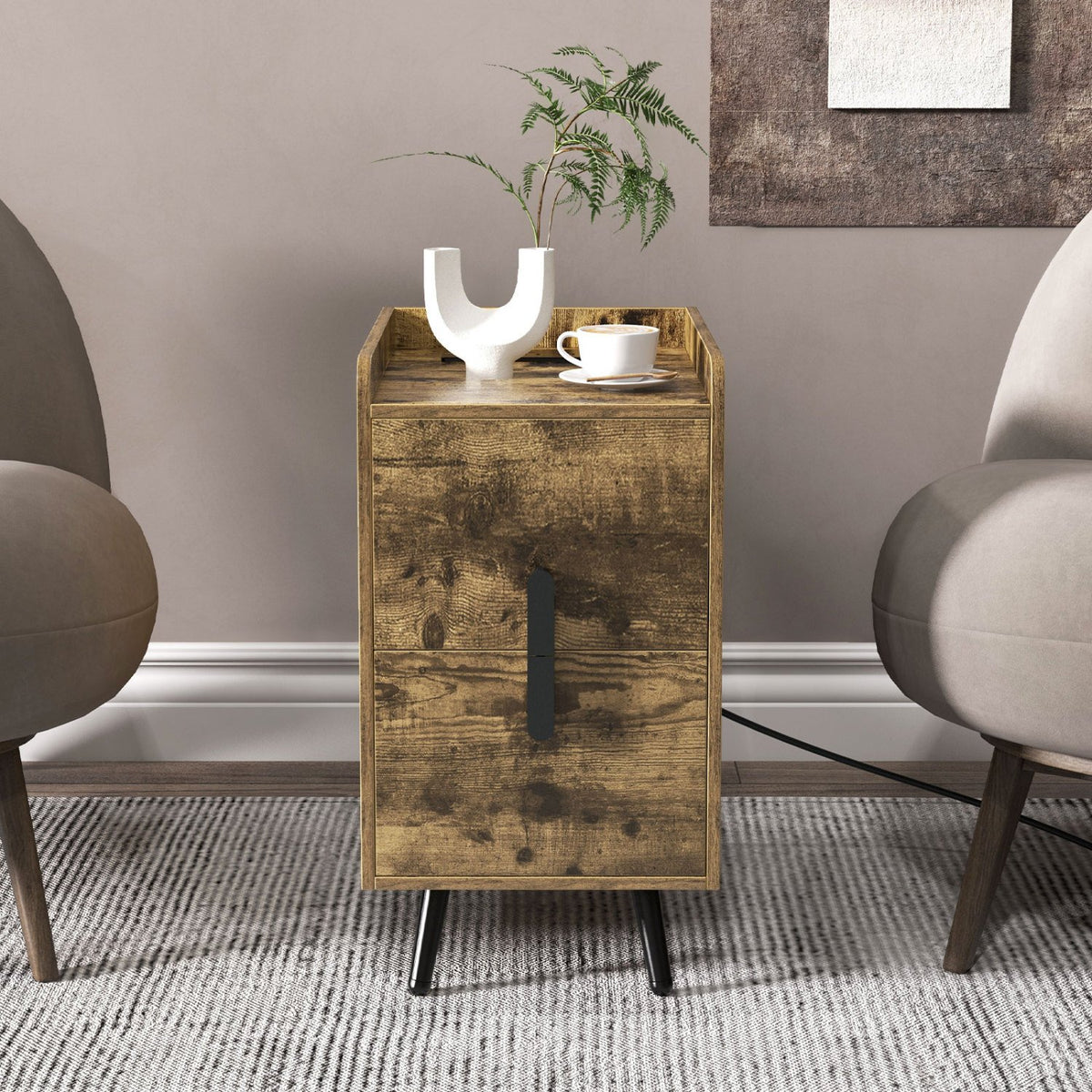 Nightstand Side Tables with 2 Drawers and 2 USB Ports-Rustic Brown view 3