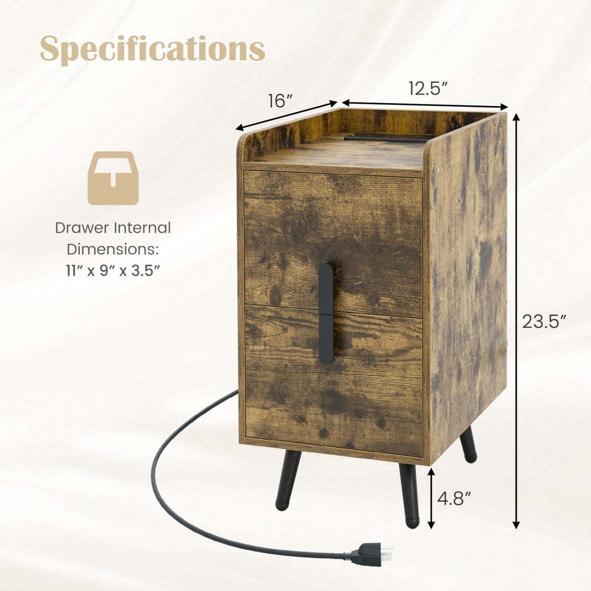 Nightstand Side Tables with 2 Drawers and 2 USB Ports-Rustic Brown view 5