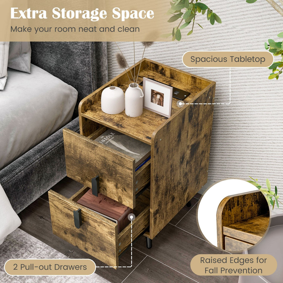 Nightstand Side Tables with 2 Drawers and 2 USB Ports-Rustic Brown view 8