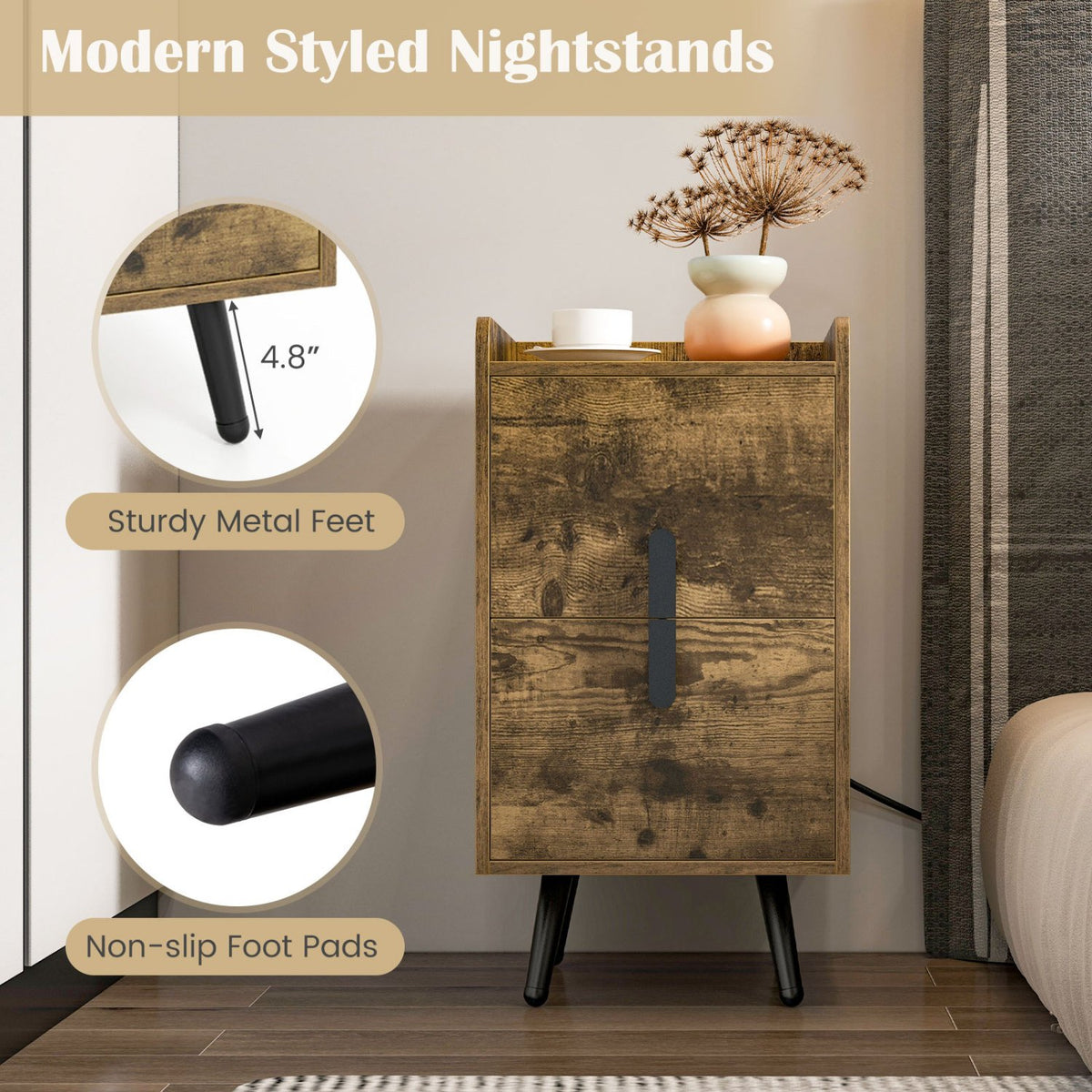 Nightstand Side Tables with 2 Drawers and 2 USB Ports-Rustic Brown view 9