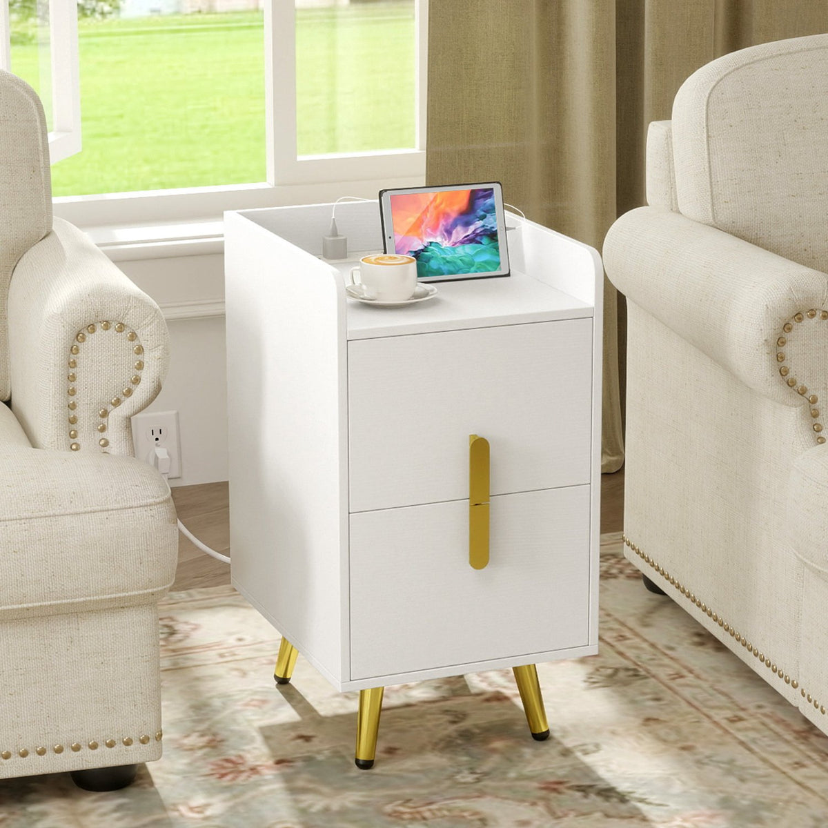 Nightstand Side Tables with 2 Drawers and 2 USB Ports-White view 2