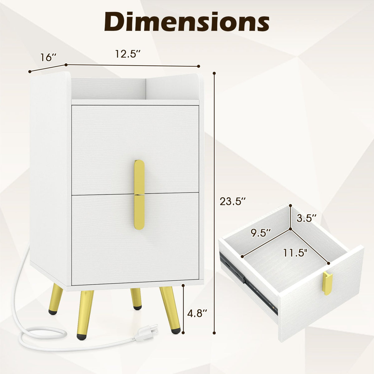 Nightstand Side Tables with 2 Drawers and 2 USB Ports-White view 5